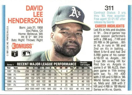 1992 Donruss David Lee Henderson Baseball Card #311