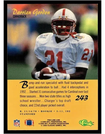 1993 Classic Pro Line Live Darrien Gordon Football Card #243