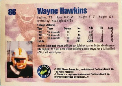 1992 Classic Draft Picks Wayne Hawkins Football Card #86