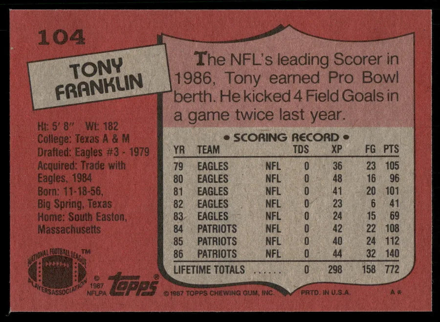 1987 Topps Tony Franklin Football Card #104