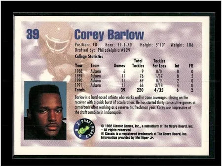 1992 Classic Draft Picks Corey Barlow Football Card #39