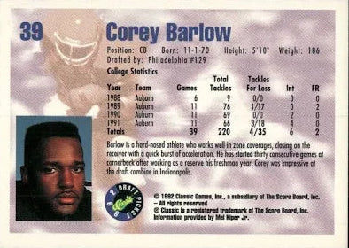 1992 Classic Draft Picks Corey Barlow Football Card #39