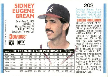 1992 Donruss Sidney Eugene Bream Baseball Card #202