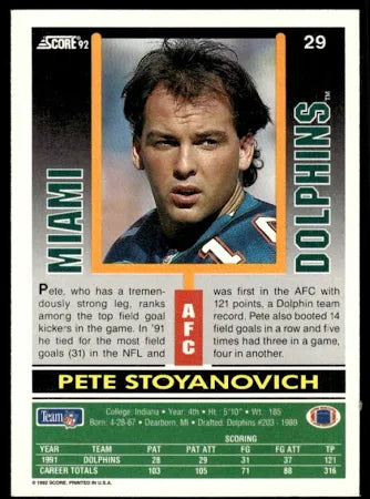 1992 Score Pete Stoyanovich Football Card #29