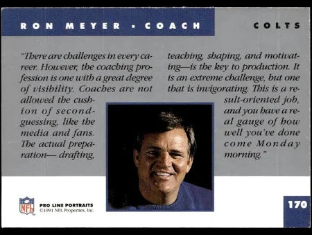 1991 NFL Pro Line Portraits Ron Meyer Football Card #170