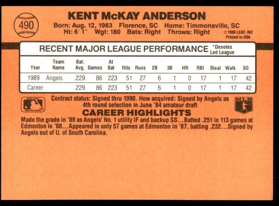 1990 Donruss Kent McKay Anderson Baseball Card #490