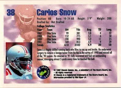 1992 Classic Draft Picks Carlos Snow Football Card #38