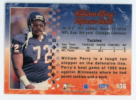 1993 Pacific William Perry Football Card #136
