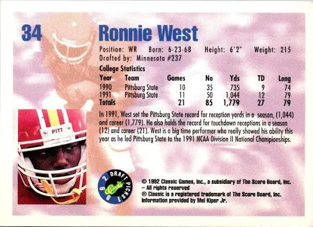 1992 Classic Draft Picks Ronnie West Football Card #34