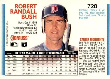 1992 Donruss Robert Randall Bush Baseball Card #728