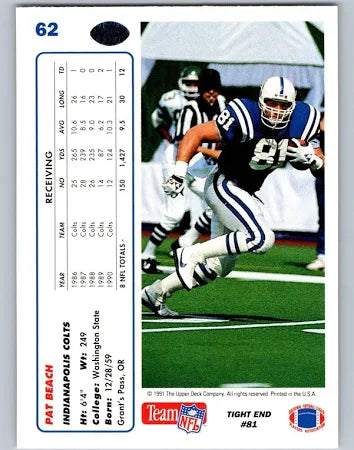 1991 Upper Deck Pat Beach Football Card #62