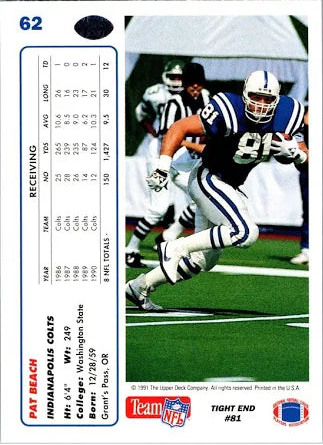 1991 Upper Deck Pat Beach Football Card #62