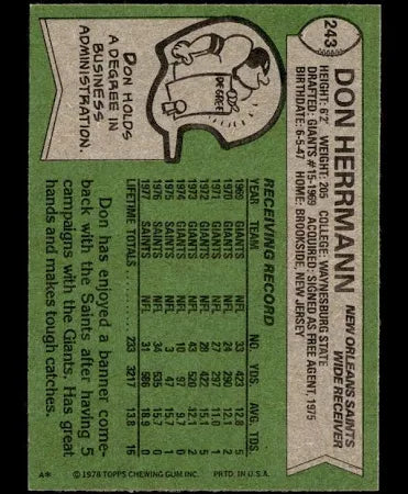1978 Topps Don Herrmann Football Card #243