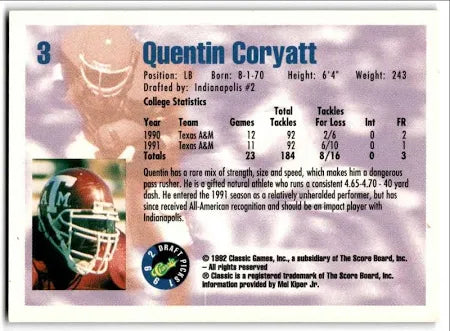 1992 Classic Draft Picks Quentin Coryatt Football Card #3