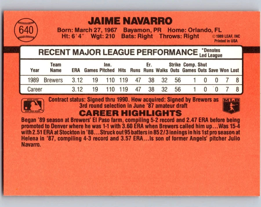 1990 Donruss Jaime Navarro Baseball Card #640