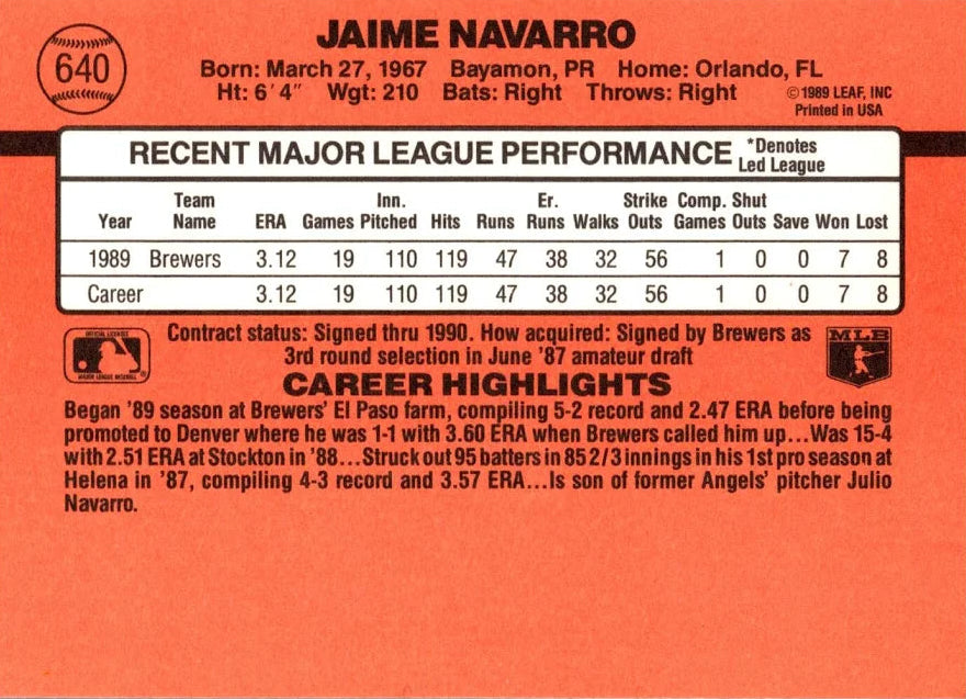 1990 Donruss Jaime Navarro Baseball Card #640