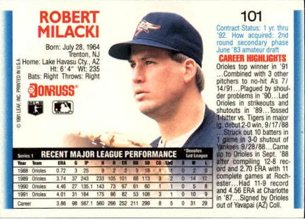 1992 Donruss Robert Milacki Baseball Card #101