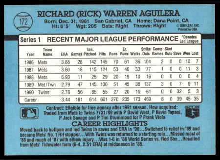 1991 Donruss Richard (Rick) Warren Aguilera Baseball Card #172