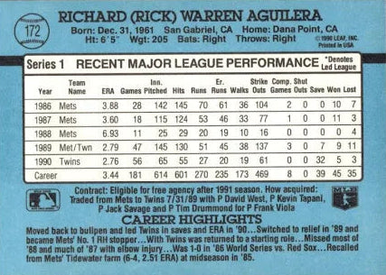 1991 Donruss Richard (Rick) Warren Aguilera Baseball Card #172