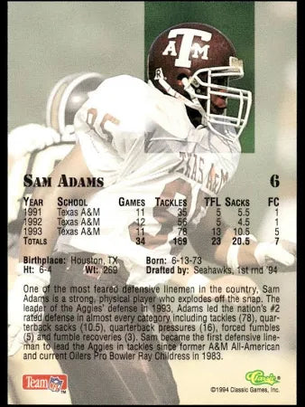 1994 Classic Pro Line Rookie Sam Adams Football Card #335