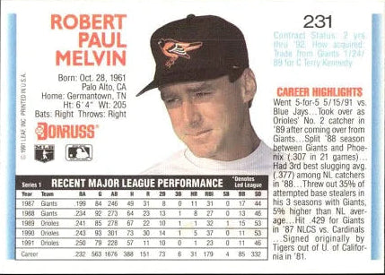 1992 Donruss Robert Paul Melvin Baseball Card #231