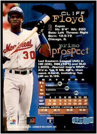 1994 Topps Stadium Club Cliff Floyd 09/18/1993 Major League Debut Baseball Card #127