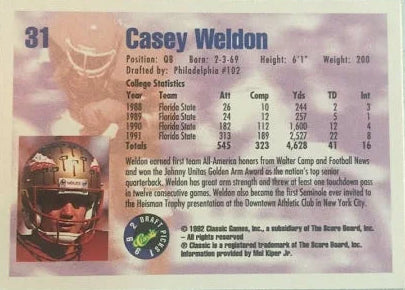 1992 Classic Draft Picks Casey Weldon Football Card #31