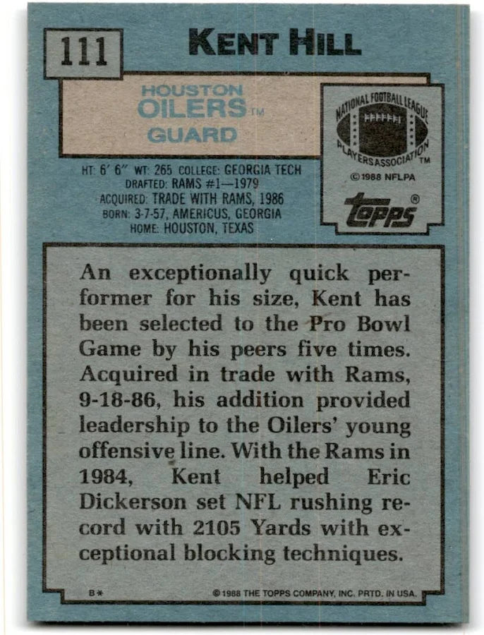 1988 Topps Kent Hill Football Card #111