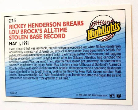 1992 Donruss Highlights Rickey Henderson Breaks Lou Brock's All-Time Stolen Base Record Baseball Card #215