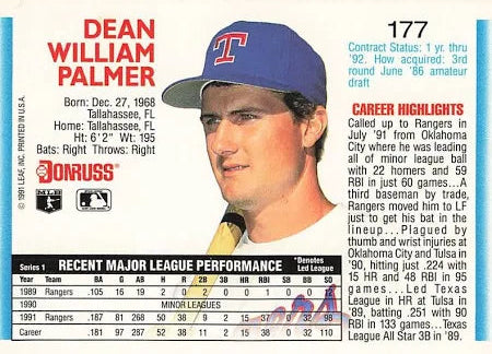 1992 Donruss Dean William Palmer Baseball Card #177