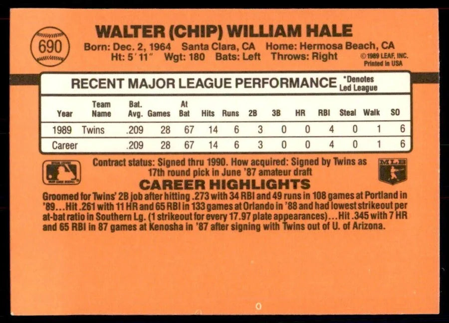 1990 Donruss Walter (Chip) William Hale Baseball Card #690