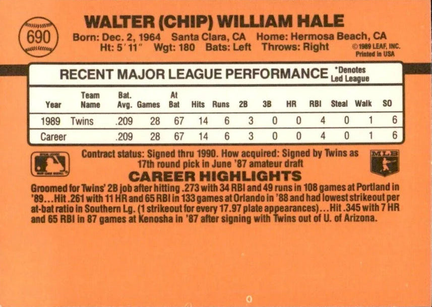 1990 Donruss Walter (Chip) William Hale Baseball Card #690