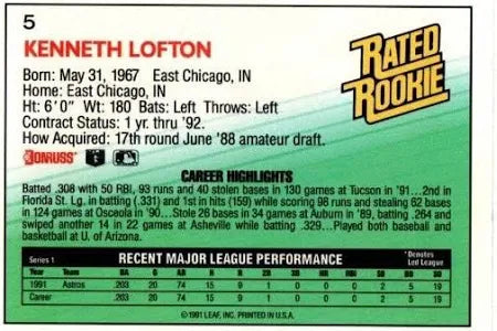 1992 Donruss Rated Rookie Kenneth Lofton Baseball Card #5