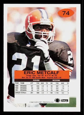 1992 Fleer Eric Metcalf Football Card #74