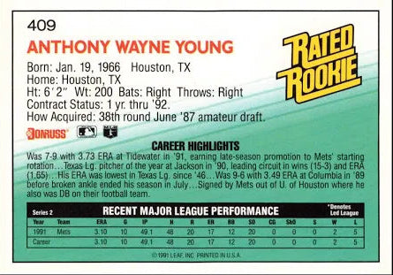 1992 Donruss Rated Rookie Anthony Wayne Young Baseball Card #409