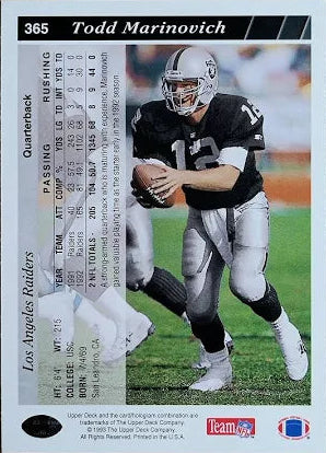 1993 Pacific Todd Marinovich Football Card #365