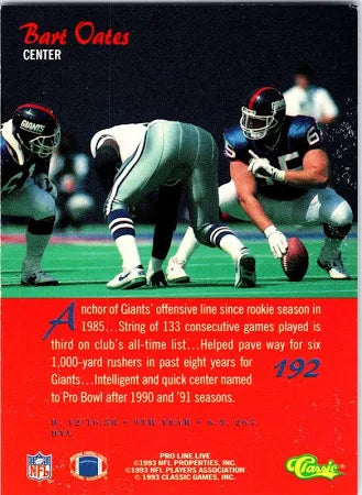 1993 Classic Pro Line Live Bart Oates Football Card #192