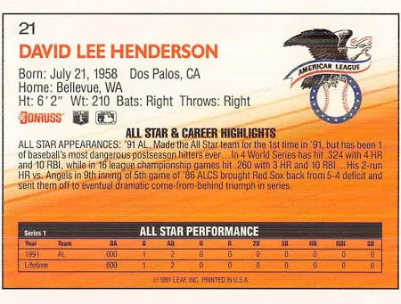 1992 Donruss David Lee Henderson Baseball Card #21