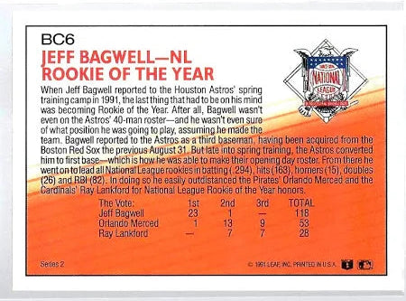 1992 Donruss Jeff Bagwell- National League Rookie of the Year Baseball Card #BC6