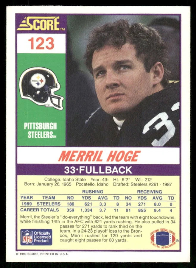 1990 Score Merril Hoge Football Card #123