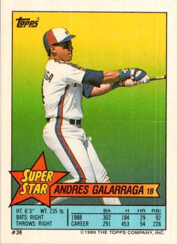 1989 Topps Super Star Sticker Andres Galarraga Baseball Card #36