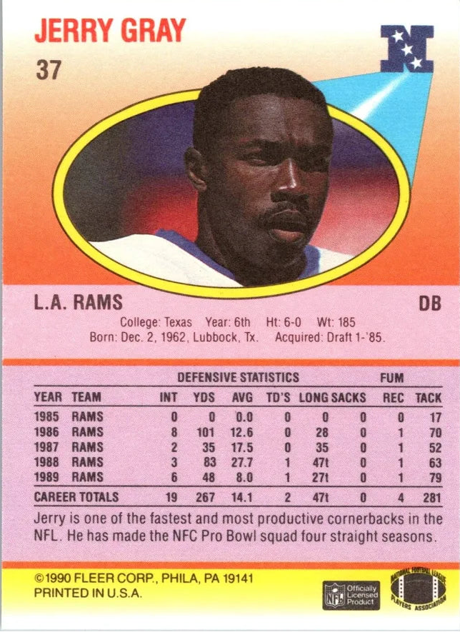 1990 Fleer Jerry Gray Football Card #37