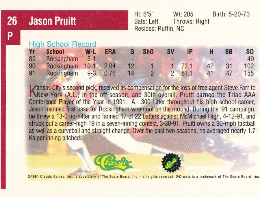 1991 Classic Draft Picks Jason Pruitt Baseball Card #26