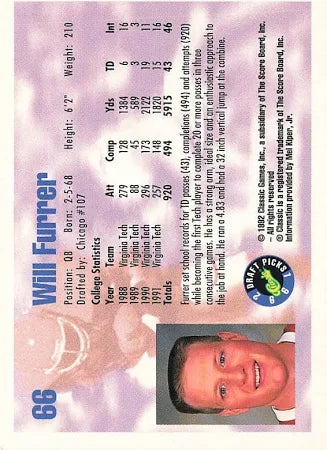 1992 Classic Draft Picks Will Furrer Football Card #66