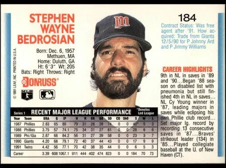 1992 Donruss Stephen Wayne Bedrosian Baseball Card #184