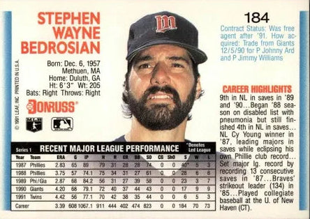 1992 Donruss Stephen Wayne Bedrosian Baseball Card #184
