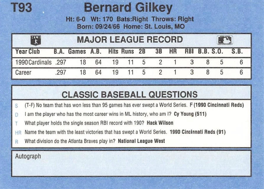 1991 Classic Bernard Gilkey Baseball Card #T93