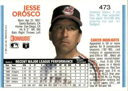 1992 Donruss Jesse Orosco Baseball Card #473