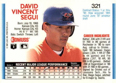 1992 Donruss David Vincent Segui Baseball Card #321