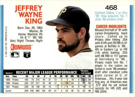 1992 Donruss Jeffrey Wayne King Baseball Card #468